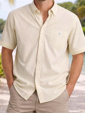 Ralph Lauren Men's Light Yellow Striped Button-Down Shirt